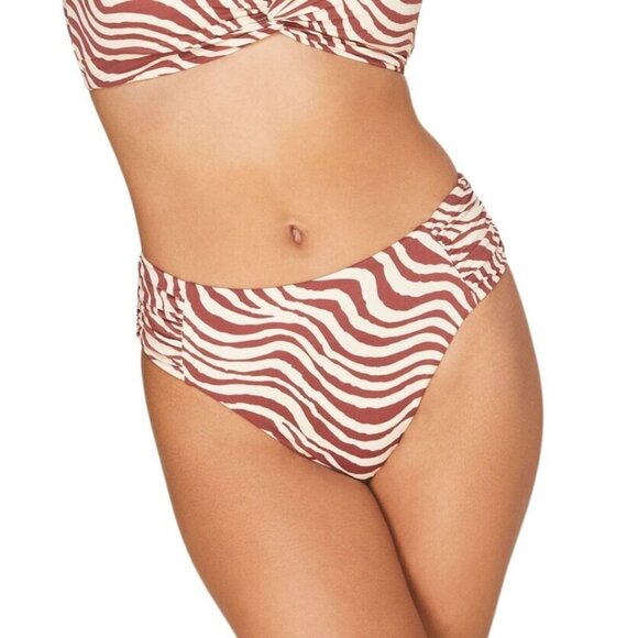 Andie Swim Hipster Bikini Bottom in Bias Stripe Truffle Brown Cream Size Large - Picture 1 of 7